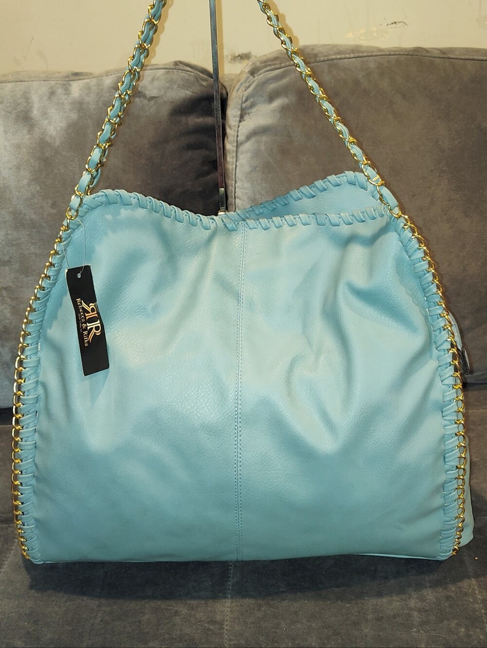 NWT REBECCA & RAIFKA LARGE AQUA LEATHER CHAIN-TRIM SHOULDER BAG / DIAPER BAG
